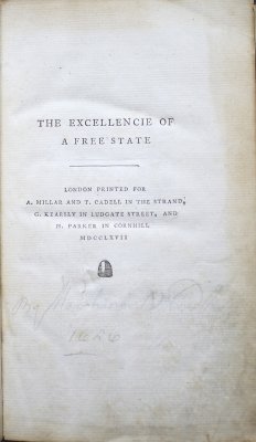 The Excellencie of a Free State. London, A. Millar and T. Cadell, 1767.