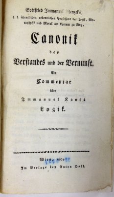 Canonik des Verstandes und der Vernunft. Ein Commentar ueber Immanuel Kants Logik. Wien, Anton Doll, 1801.
