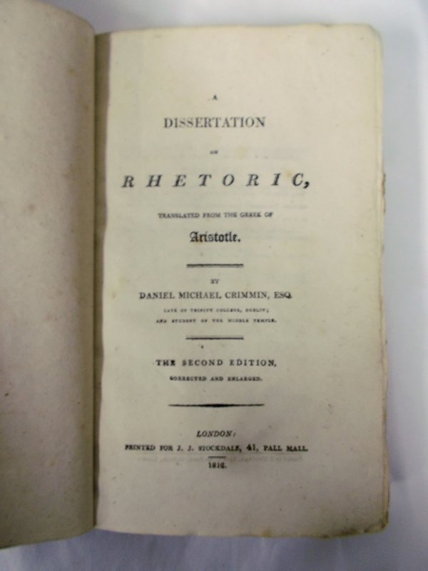 A Dissertation on Rhetoric, translated from the Greek of Aristotle. The second edition. London, Stockdale, 1812.