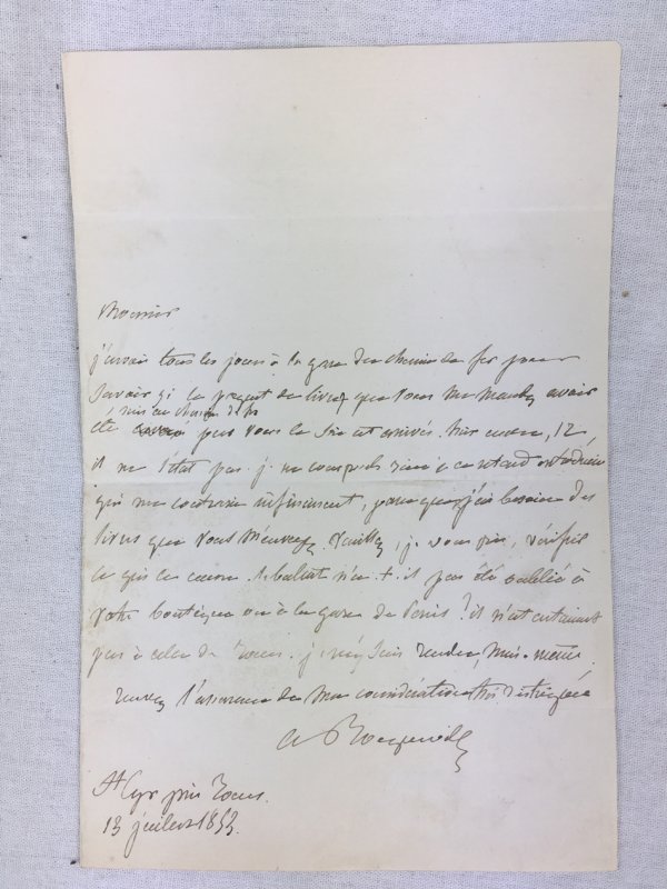 Alexis de Tocqueville writing to the Parisian Publisher and Bookseller Edouard Dentu (1830 - 1884), (Letter to Monsieur Dentu Librairie, Galerie d'Orleans, Palais Royal, Paris).  [Paris], 1853..