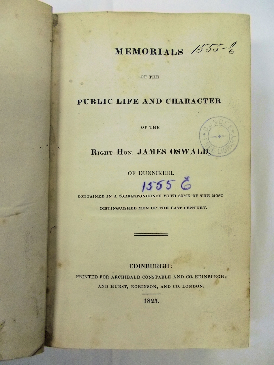 Memorials of the Public Life and Character of the Right Hon. Oswald, of Dunnikier. Edinburgh, Constable, 1825.